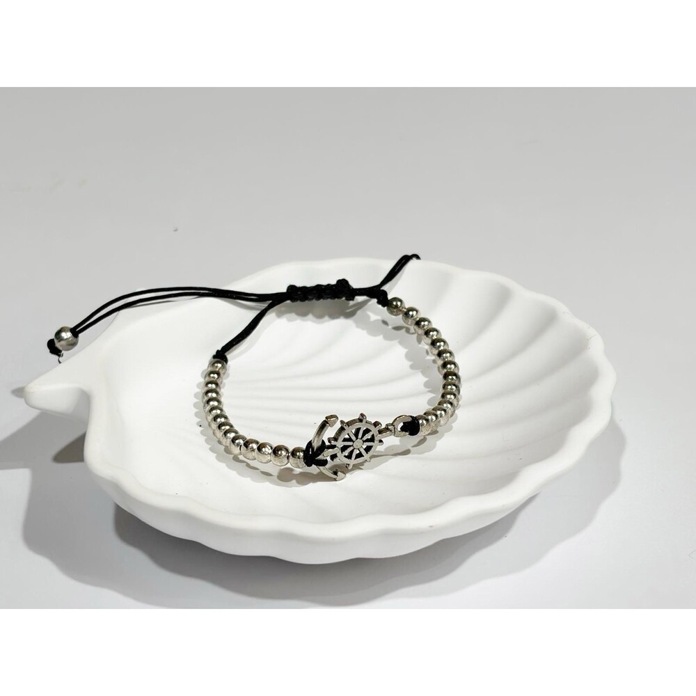 Nautical Anchor & Ship Wheel Bracelet Silver Beads Adjustable Rope Unisex 6-9" - Picture 4 of 12